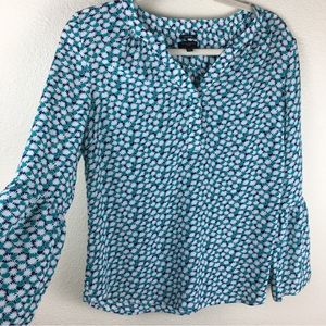 TALBOTS Silk Green White Blouse Long Bell Sleeve Tunic Top Women's Size SP